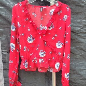 H&M Red Floral Blouse with Ruffles